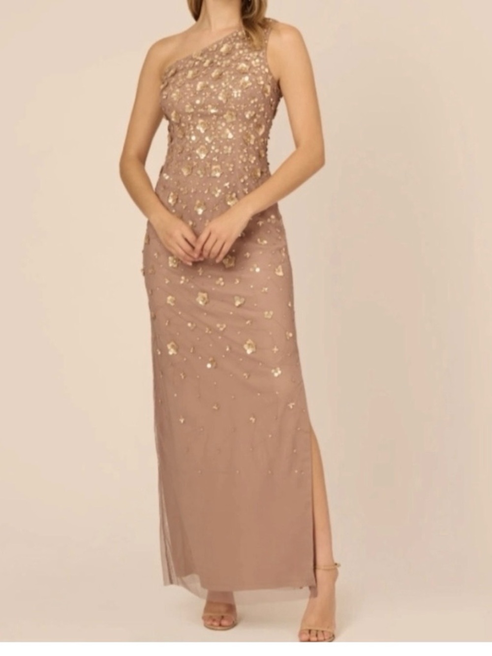 Adrianna Papell Blush One-Shoulder Evening Gown with Gold Embellishment